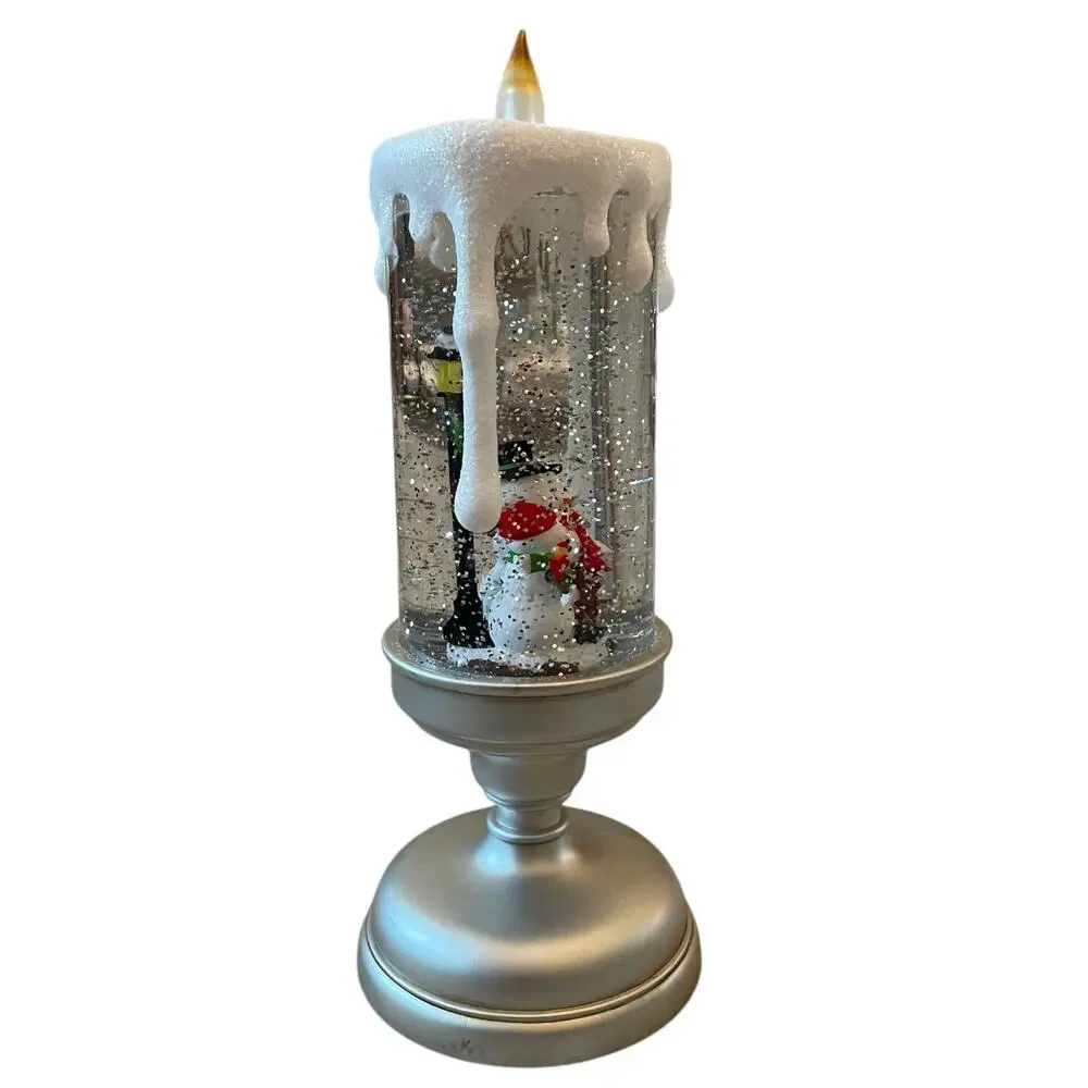 Illuminated Silver Glitter Pedestal Candle 13in Christmas Holiday Snowman New
